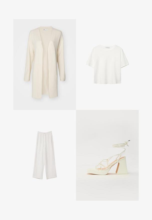 ONLY ONLFRIDA LIFE OPEN - Cardigan - birch; T-shirt bianco a maniche corte realizzato in cotone. Presenta un collo tondo e una vestibilità rilassata. Texture liscia senza motivi o dettagli visibili.; Pantaloni a gamba larga bianchi realizzati in un tessuto leggero. Presentano una vita elastica con cordoncino e tasche laterali. Texture liscia.; Sandalo bianco con tacco alto, caratterizzato da un design a cinturini e un legaccio alla caviglia. Texture liscia con una piattaforma frontale per un'altezza aggiuntiva.