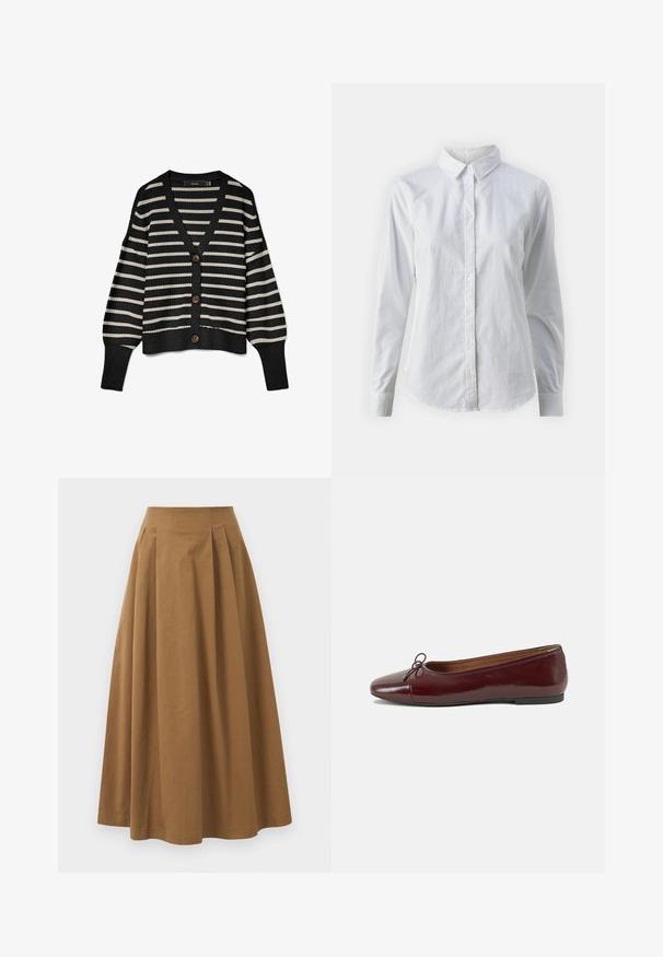 Sort og creme stribet cardigan med v-hals, lange ærmer og fem brune knapper foran. Strikket tekstur med ribbede kanter.; Hvid skjorte med knapper lavet af glat bomuld, der har en klassisk krave, lange ærmer og en buet kant. Knapperne er små og hvide.; Brun bomulds A-linjeet nederdel med høj talje, præget af læg foran og en glat tekstur. Endeafslutningerne er enkle og rene.; Bordeaux patentlæder balletflad med rund tå, lille sløjfeaccent foran og en lav, sort gummisål. Glat tekstur.