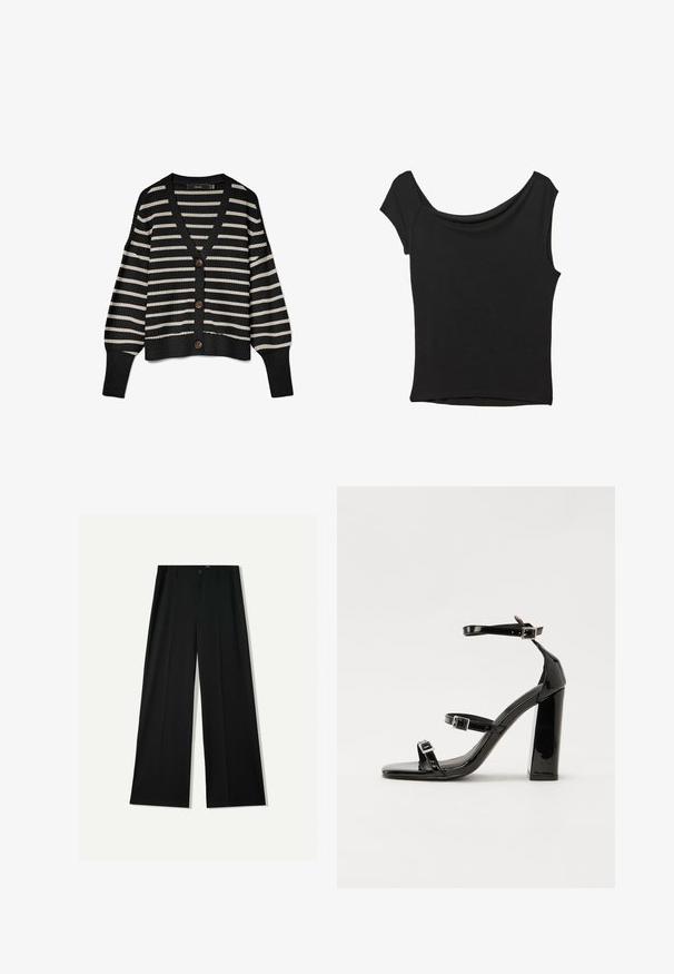 Čierny a krémový pruhovaný cardigan s véčkovým výstrihom, dlhými rukávmi a piatimi hnedými gombíkmi na prednej strane. Pletená textúra s ryhovanými okrajmi.; Čierny krátky rukáv top vyrobený z hladkej tkaniny; má prehnutý výstrih a asymetrický lem, s priliehavým telom.; Bershka WIDE - Nohavice - black; Čierne lakované sandále na podpätku so štvorcovou špičkou, navlečenými remienkami okolo členku a striebornými prackami. Disponujú masívnym blokovým podpätkom pre stabilitu.