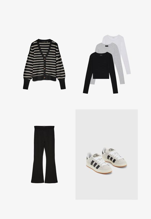 Mustard ja kreemite värviga triibuline kampsun V-kaelusega, pika varrukaga ja viie pruuni nööbiga ees. Kootud tekstuur ja soonilised servad.; Kolm pikkade varrukatega toppi, mis on üksteise peale asetatud: must, hall ja valge. Igal ühel on ümar kaelus ja lühike disain, valmistatud siledast, kergekaalulisest kangast.; Mustad mustad sääred, mis on valmistatud venivast kangast. Omab laia vööd ja siledat tekstuuri, sobituv siluett, mis laieneb allservas.; Hallid hallid nahkrennid valgete paeltega, mustade triipudega ja valge kummitaldiga. Omab ümmargust logo keeles ja kummitalda.