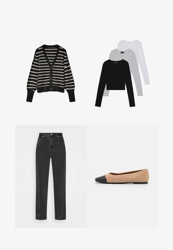 Schwarz- und cremefarbener gestreifter Cardigan mit V-Ausschnitt, langen Ärmeln und fünf braunen Knöpfen vorne. Mit gestrickter Textur und gerippten Kanten.; Drei langärmelige Oberteile gestapelt: schwarz, grau und weiß. Jedes hat einen runden Halsausschnitt und ein kurzes Design aus glattem, leichtem Stoff.; Schwarze Denim-Jeans mit geradem Bein, hoher Taille, vorderem Knopf und Reißverschluss sowie fünf Taschen auf weißem Hintergrund.; Beige Wildleder Ballerina mit einer runden Zehenkappe aus schwarzem Leder, niedrigem Absatz und glatter Textur, mit minimaler Nahtverarbeitung und klarem Design.