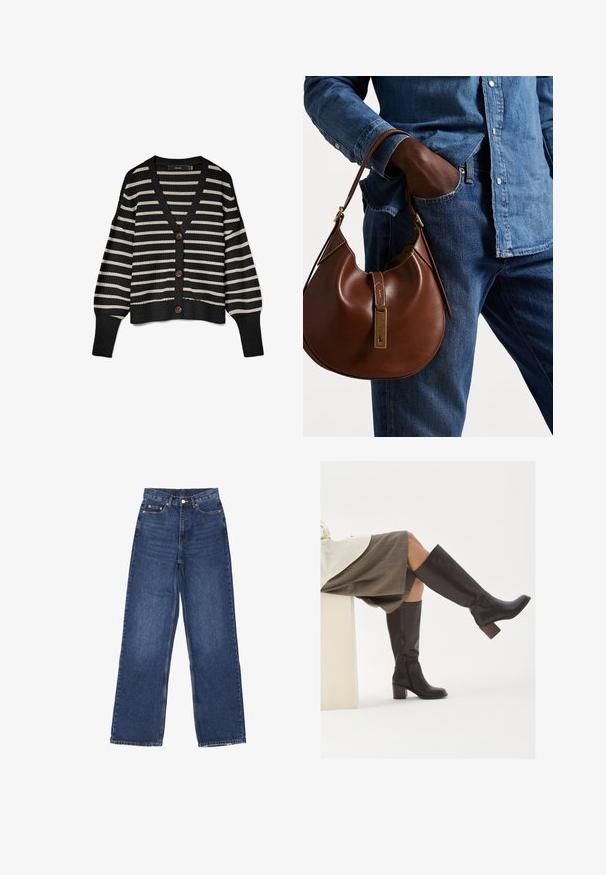 Sort og creme stribet cardigan med v-hals, lange ærmer og fem brune knapper foran. Strikket tekstur med ribbede kanter.; To sleeveless ribbede turtleneck toppe i brun og sort, vist på en ensfarvet hvid baggrund.; Bredde ben blå denim jeans med høj talje, der har en knaplukning, fem lommer og diskret falmning på stoffet.; Brune læder støvler til knæene med firkantet tå, kraftig hæl og sidelukning. Glat tekstur med en poleret overflade.; Brun læder hobo taske med en afrundet form, der har et guldhardware-element og kontraststing. Sammen med en denimskjorte og jeans.