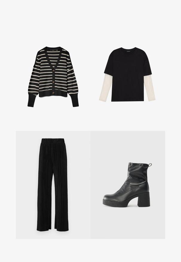 Cardigan a righe nere e crema con scollo a V, maniche lunghe e cinque bottoni marroni davanti. Texture lavorata a maglia con bordi a costine.; T-shirt nera in cotone con maniche corte sopra un sotto manica lunga bianca, caratterizzata da una sottile texture. Design con scollo rotondo.; Pantaloni neri a plissé con vita elasticizzata. Presentano gamba ampia e un tessuto liscio e texture con strisce verticali.; Stivali neri alla caviglia in pelle liscia, con zip laterale, tacco spesso e texture, e punta arrotondata.