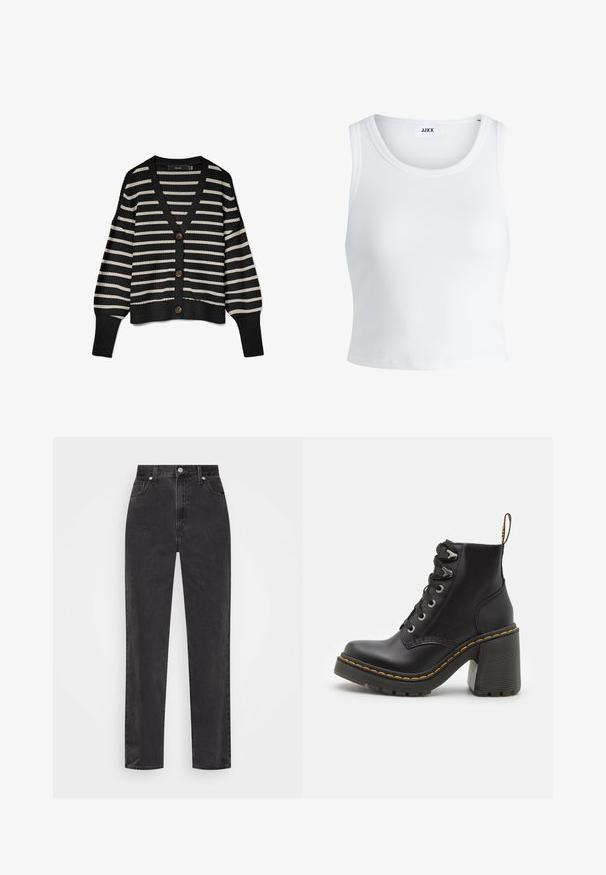 Zwart en crème gestreepte cardigan met een V-hals, lange mouwen en vijf bruine knopen aan de voorkant. Gebreide textuur met ribbelrand.; Witte geribbelde tanktop met een ronde hals, zonder mouwen en een cropped lengte. Label draagt "JJXX." Gladde stoftextuur.; Zwarte denim jeans met rechte pijpen en hoge taille, met een knoop en rits aan de voorkant en vijf zakken, op een witte achtergrond.; Zwarte leren enkelboot met een dikke hoge hak, vetersluiting aan de voorkant, metalen oogjes en gele stiksels langs de zool. Getextureerde rubberen zool.