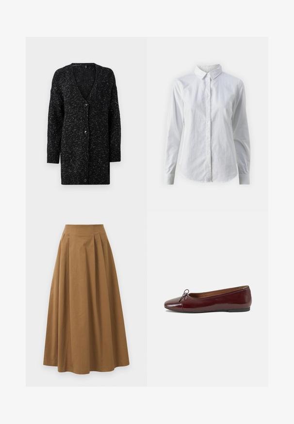 ONLY ONLJULIZ BUTTON CARD - Cardigan - black/white; White button-up shirt made of smooth cotton, featuring a classic collar, long sleeves, and a curved hem. Buttons are small and white.; Brown cotton A-line skirt with a high waist, featuring pleats down the front and a smooth texture. Hem finishes are clean and simple.; Burgundy patent leather ballet flat with a rounded toe, small bow accent at the front, and a low, black rubber sole. Smooth texture.
