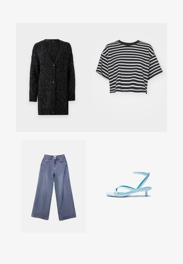 ONLY ONLJULIZ BUTTON CARD  - Cardigan - black/white; Ribbet cropped t-shirt i navy og hvid. Korte ærmer, rund halsudskæring, blødt stof med vandrette striber og en afslappet pasform.; Bredde denim jeans i en lys blå vask, med høj talje, forlommer og knaplukning med bæltestropper.; Lys blå strop sandal med firkantet tå, lav hæl, justerbar ankelrem og glat, blank finish. Krydsede stropper på fodsengen.