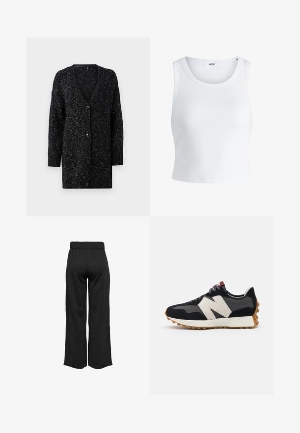 ONLY ONLJULIZ BUTTON CARD - Adīta jaka - black/white; Balts ribots topiņš ar apaļu kakla izgriezumu, bez piedurknēm un īsā garumā. Uz birkas ir rakstīts "JJXX." Gluda auduma tekstūra.; Melnas, platas bikses ar elastīgu jostu, izgatavotas no gludas auduma. Iespējamā tīra dizaina ar bez kabatām un redzamām šuvēm.; Melnas un pelēkas zamšādas sporta kurpes ar lielu krēmkrāsas "N" logotipu, purpura šņorēm un strukturētu gumijas zoli.