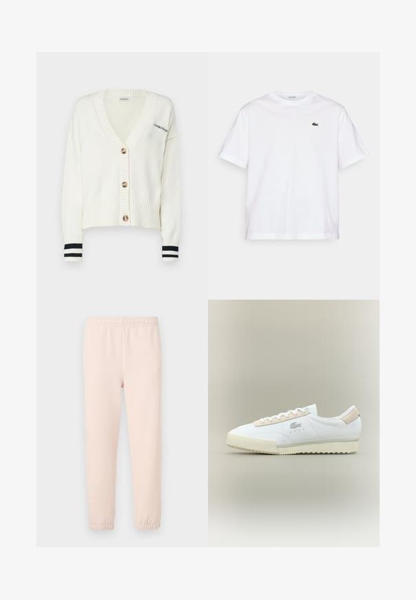 Hvit strikket cardigan med V-hals, med fire store knapper og svart/hvite stripe detaljer på ermene. Teksten sier "GUESS JEANS."; Hvit bomull T-skjorte med rund hals og korte ermer. Har en grønn brodert logo på brystet. Myk tekstur, avslappet passform.; Lys rosa joggebukser med elastisk midje og samlet mansjett, laget av myk bomullsblanding med en glatt tekstur.; Hvit lær sneakers med en beige semsket aksent. Har rund tå, flate lisser og en strukturert såle. Lacoste-logo på siden.