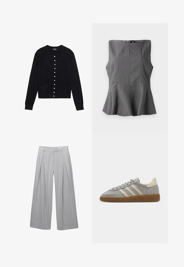 Črn cardigan iz mehkega materiala, z okroglo ovratnikom, dolgimi rokavi, sprednjim delom na gumbe s osmimi gumbi in dvema sprednjima žepoma.; Sivina peplum majica s strukturiranim, bezrukavnim dizajnom. Izrađena od glatkog materijala, s vertikalnim šavovima i ravnim dekolteom.; Světle šedé široké kalhoty vyrobené z texturované látky, s předními sklady, poutky na pásek a přizpůsobeným pasem. Bez viditelných zapínání.; Sive športne copate iz semiša z svetlosivimi usnjenimi črtami in gumijastim podplatom. Značilnosti vključujejo vezalni sistem in subtilno blagovno oznako na jezičku.