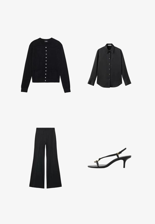 Black cardigan made of soft fabric, featuring a rounded neckline, long sleeves, a button-down front with eight buttons, and two front pockets.; Black long-sleeve shirt in smooth fabric, featuring a classic collar, front button closure with gold-tone buttons, and wide cuffs.; Black wide-leg pants with a smooth texture, featuring front pleats and a tailored design. The fabric is lightweight and flowy.; Black leather kitten heel sandal with thin straps, gold buckle, and minimalist toe loop on a white background.