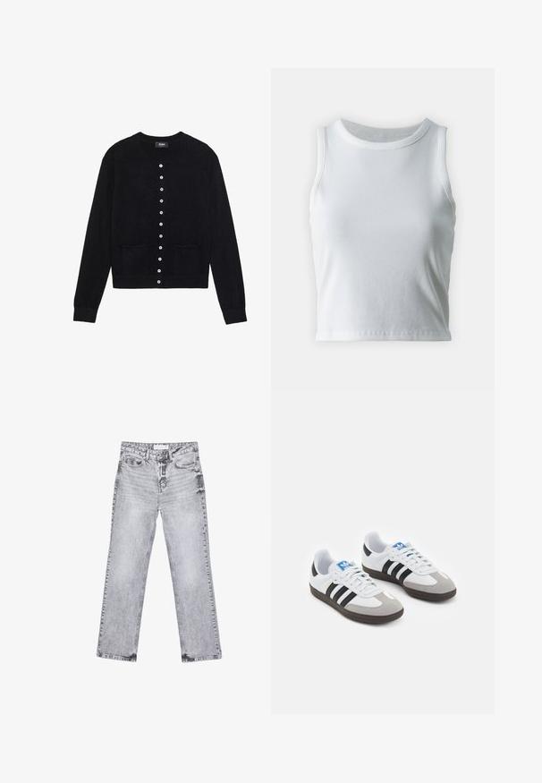 Črn cardigan iz mehkega materiala, z okroglo ovratnikom, dolgimi rokavi, sprednjim delom na gumbe s osmimi gumbi in dvema sprednjima žepoma.; Bela rebrasta majica brez rokavov z okroglo izrezom, s pravo hem in gladko, elastično strukturo.; Sive traperice z ravnim krojem, z obdelanimi detajli, petimi žepi in bakrenimi zakovicami. Pas ima oznako z logotipom.; Športni čevlji z belim usnjenim zgornjim delom, sivim semišem na prstih in tremi črnimi črtami. Imajo modro logo na jeziku in teksturiran gumijast podplat.