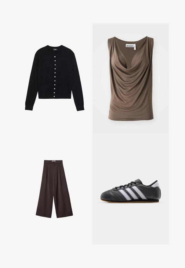 Črn cardigan iz mehkega materiala, z okroglo ovratnikom, dolgimi rokavi, sprednjim delom na gumbe s osmimi gumbi in dvema sprednjima žepoma.; Rjava drapirana brezrokavnik s globokim izrezom. Narejena iz mehkega blaga z gladko teksturo. Na ovratniku je oznaka "WEEKDAY".; Črne široke hlače z visokim pasom, ki vsebujejo sprednje nabore in z gumbom za zapiranje na pasu, izdelane iz gladkega materiala.; Črne usnjene športne čevlje z belimi črtami, okroglo konico, ravnim podplatom in vezalnim zapiranjem. Ima perforacije za zračnost.
