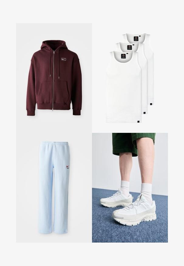 Hoodie fechado em maroon, feito de uma mistura de algodão, com um bolso frontal, capuz com cordão e um pequeno logo branco no peito.; Três tops em algodão de alças brancas com nervuras. Apresentam um decote redondo e pequenas etiquetas pretas perto da bainha. Disponíveis em vários tamanhos.; Sweatpants azul claro com cintura elástica, apresentando um pequeno logótipo vermelho da Nike e o texto "Departamento de Atletismo". Material de algodão suave.; Sapatos atléticos brancos com sobreposições texturizadas, sola espessa e detalhes em cinza. Usados com meias brancas até ao tornozelo e calções verdes sobre uma superfície azul.