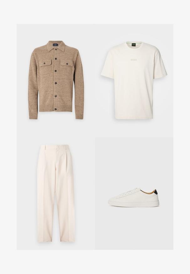Cardigan in lana marrone con colletto, due taschini sul petto e bottoni neri. Presenta polsini e orlo a coste. Materiale testurizzato con fibre.; BOSS TEE - T-shirt basic - open white; Pantaloni beige su misura con vita alta, pieghe e design a gamba dritta. Realizzati in tessuto morbido con tasche laterali e una finitura pulita.; Sneaker bianca con tomaia in pelle liscia, punta rotonda e suola piatta. Accentatura nera sul tallone, con lacci tono su tono e branding minimale.
