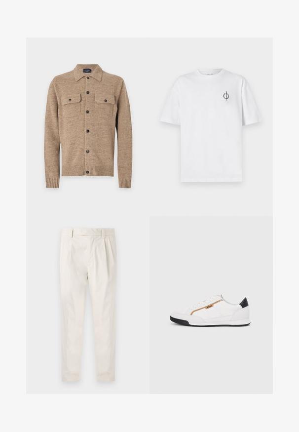 Bruine wollen cardigan met een kraag, twee borstzakken en zwarte knopen. Heeft ribgebreide manchetten en zoom. Gelaagde stof met vlekken.; Witte katoenen t-shirt met een ontspannen pasvorm, voorzien van een klein zwart graphic logo op de linkerkant van de borst. Korte mouwen, ronde hals.; Witte, geplooide broeken met een getailleerde pasvorm, met een gladde textuur, riemlussen en taps toelopende benen. Geen zichtbare zakken of patronen.; Witte sportieve schoenen met gaas- en lederen accenten. Voorzien van een gouden "BOSS" logo, gestructureerde zijpanelen en een zwarte hakkap. Rubberen zool.
