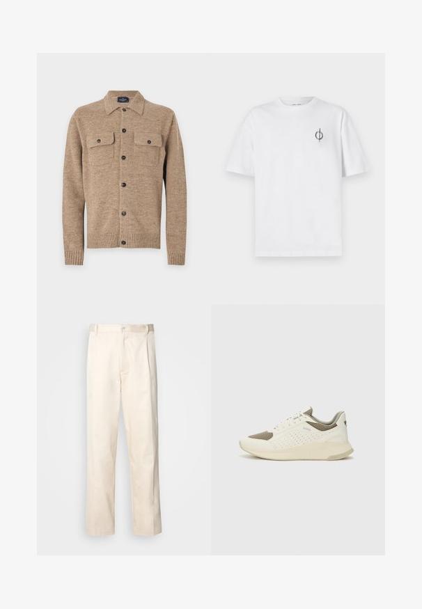 Barna gyapjúpulóver, galléros nyakkal, két mellzsebbel és fekete gombokkal. Bordázott mandzsettákkal és szegéllyel rendelkezik. Texturált anyag, melyben apró foltok találhatók.; Fehér pamut póló laza szabással, kis fekete grafikai logóval a bal mellen. Rövid ujjak, kerek nyakkivágás.; Beige pamut nadrág egyenes szárú kivágással, gombos záródással és elülső redőkkel a részletek fokozása érdekében.; Fehér és világos bézs sportcipő, légies hálós felsőrésszel, perforált részletekkel és texturált középtalppal, amelyen a saroknál a márka logója található.