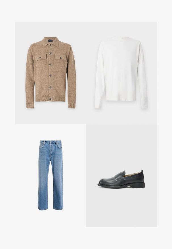 Brun uld cardigan med kraveudskæring, to brystlommer og sorte knapper. Har ribbede manchetter og kant. Takket materiale med striber.; Langærmet hvid bomulds skjorte med rund halsudskæring, sideslids i bunden og en glat overflade, vist bagfra.; Lyseblå denim jeans med lige ben-design, fem lommer, knaplukning, minimal falming og kontraststingdetaljer.; Sorte læder loafers med en glat finish, flad sål og rund tå med en dekorativ rem over vristen.