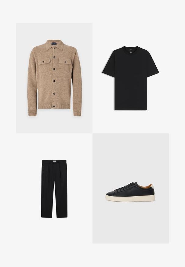 Brun uld cardigan med kraveudskæring, to brystlommer og sorte knapper. Har ribbede manchetter og kant. Takket materiale med striber.; Sort kortærmet T-shirt lavet af en glat bomuldsblanding, med en rund halsudskæring og et minimalistisk design uden mønstre eller accenter.; Sorte skrædderbukser med frontfolder, lige ben og knaplukning. Stofdet ser glat ud med en let glans.; Sorte lædersneakers med en glat overflade, beige gummisål, snørebåndsdesign og en kontrastfarvet hæl.