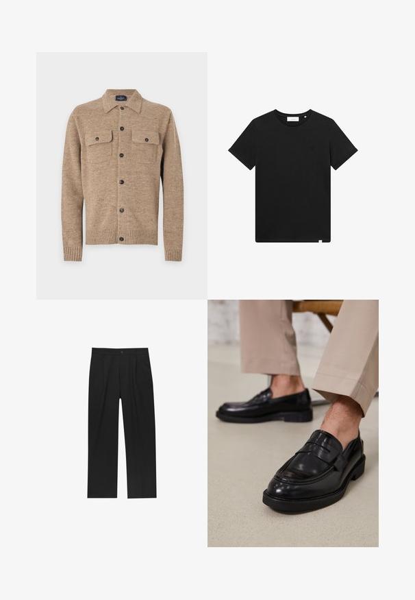 Brauner Wollcardigan mit Kragen, zwei Brusttaschen und schwarzen Knöpfen. Hat gerippte Bündchen und Saum. Texturiertes Material mit Einsprengseln.; Schwarzes T-Shirt mit kurzen Ärmeln aus Baumwolle, mit Rundhalsausschnitt und einem kleinen, auf der Brust gestickten Logo. Glatte Textur, normale Passform.; Schwarze Hose mit geradem Schnitt, aus einem glatten Stoff gefertigt. Verfügt über Vorderfalten und einen einzelnen Knopfverschluss an der Taille.; Schwarze Lederloafers mit glatter Oberfläche, ausgestattet mit einem dekorativen Riemen und Kontrastnähten, kombiniert mit beigen Hosen.