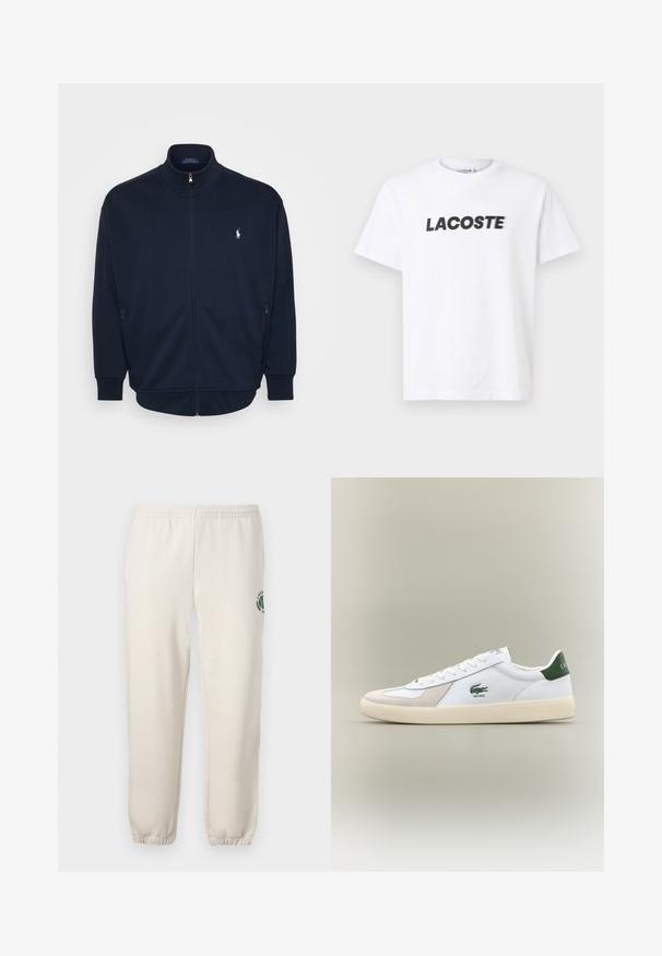 Granatowy polar z zamkiem, wykonany z miękkiego materiału, z kołnierzem stojącym, bocznymi kieszeniami, ściągaczami na mankietach i u dołu, z małym logo na piersi.; Biała bawełniana koszulka z wyraźnym czarnym logo "LACOSTE" na piersi. Krótkie rękawy i okrągły dekolt.; Jasnobeżowe spodnie dresowe wykonane z bawełny, z elastycznym pasem, ściągaczami na nogawkach oraz zielonym logo z motywem liścia na lewym udzie.; Białe sneakersy z zielonymi akcentami, wykonane z zamszu i skóry, o zaokrąglonym nosku, teksturowanej podeszwie oraz wyszywanym logo na boku i języku.