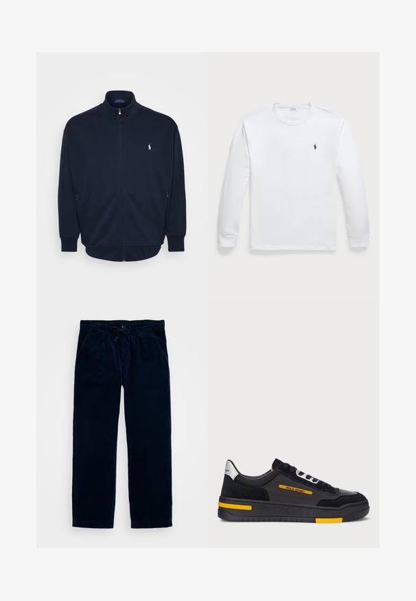 Námornícky zipsový sveter vyrobený z mäkkej tkaniny, s vysokým golierom, bočnými vreckami, rebrovanými manžetami a lemom, s malým logom na hrudi.; Biela mikina s dlhými rukávmi vyrobená z bavlny, s okrúhlym výstrihom a malým námorníkovým logom na ľavom hrudníku. Hladká textúra, jednoduchý dizajn.; Námornícky modré kordové nohavice s elastickým pásom, ktoré majú bočné vrecká a rovný strih nohavíc. Mäkka textúra s vertikálnym ribovaním.; Čierne tenisky so semišovým a sieťovinovým zvrškom, žltými akcentmi a hrubou čiernou podrážkou. Šnurovacie zapínanie a branding "POLO SPORT" na boku.