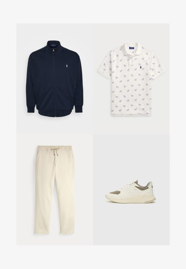 Navy zip-up sweatshirt made from soft fabric, featuring a standing collar, side pockets, ribbed cuffs and hem, with a small logo on the chest.; White polo shirt made of cotton, featuring a repeated blue dog pattern and a small blue logo on the chest. Short sleeves and collar.; Off-white casual pants with elastic waistband and drawstring, straight legs, and side pockets against a plain background.; White and light beige athletic sneaker, featuring a mesh upper, perforated detailing, and a textured midsole with branding on the heel.