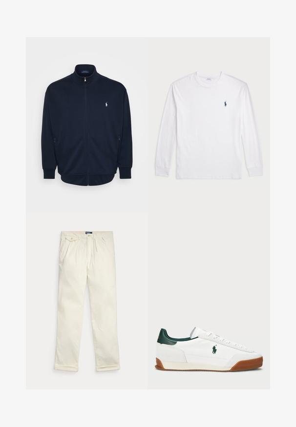 Námornícky zipsový sveter vyrobený z mäkkej tkaniny, s vysokým golierom, bočnými vreckami, rebrovanými manžetami a lemom, s malým logom na hrudi.; Biele tričko s dlhým rukávom vyrobené z bavlny. Má okrúhly výstrih, pružné manžety a malé námornícky modré logo polo na ľavej hrudi.; Krémové manšestrové nohavice s záhybmi, bočnými vreckami, vreckom so zapínacím klopou a zloženými manžetami, uložené na bielom pozadí.; Biele tenisky s zelenými koženými akcentmi a hnedou gumovou podrážkou. S tkaninovým telom a výrazným logom na boku. Šnurovanie.