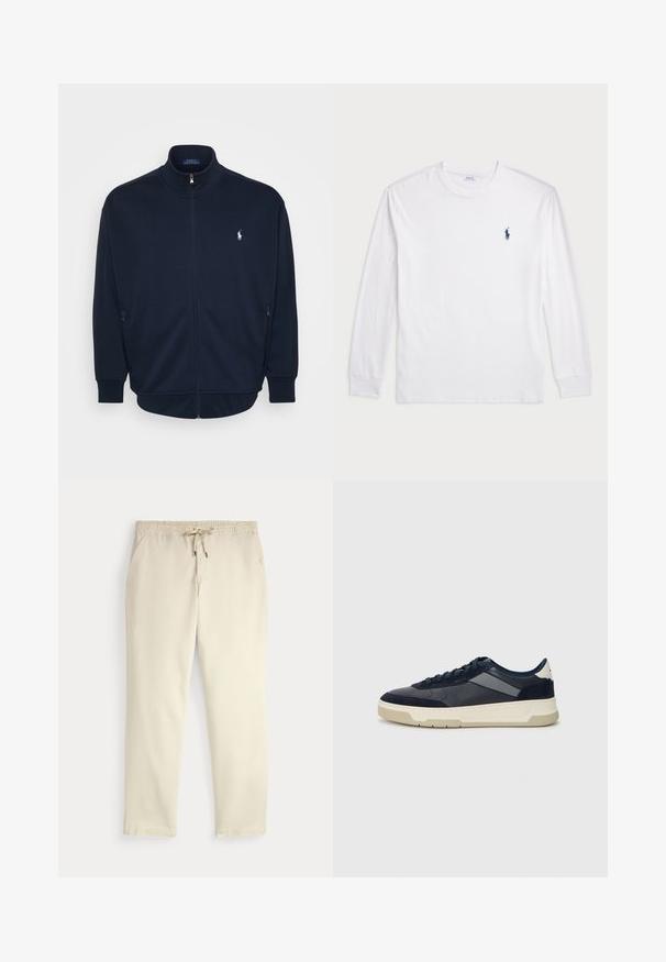 Mornarica zip-up dukserica izrađena od mekog materijala, s uspravnim ovratnikom, bočnim džepovima, rebrastim rukavima i donjim rubom, te malim logotipom na prsima.; Bijela majica dugih rukava od pamuka. Ima okrugli izrez, rebraste manšete i mali logo u mornarskoplavoj boji na lijevoj strani grudi.; Bež ležerne hlače s elastičnim pojasom i uvećom, ravnim nogavicama i bočnim džepovima na jednobojnoj pozadini.; BOSS BALTIMORE - Tenisice - open blue