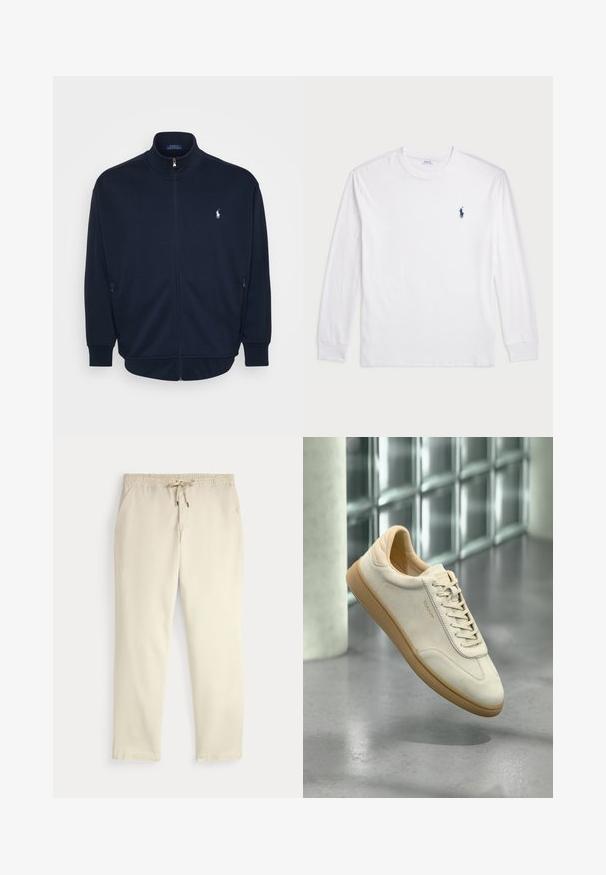 Námořnická zipová mikina vyrobená z měkké tkaniny, s stojáčkovým límcem, bočními kapsami, žebrovanými manžetami a lemem, a malým logem na hrudi.; Bílé tričko s dlouhým rukávem vyrobené z bavlny. Má kulatý výstřih, žebrované manžety a malé námořnické modré logo polo na levé hrudi.; Krémové casual kalhoty s elastickým pasem a stahovací šňůrkou, rovné nohavice a boční kapsy na jednoduchém pozadí.; Béžová semišová teniska s strukturovanou podrážkou z gumy. Má ploché tkaničky, zaoblenou špičku a nenápadné logo na boku. Mírně polstrovaný límec.