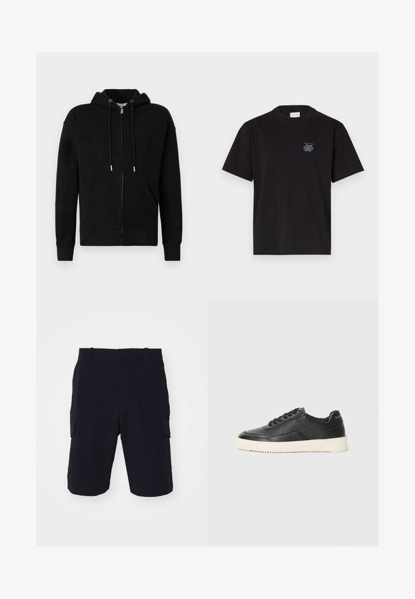 Fekete cipzáras kapucnis pulóver puha anyagból. Nagy kapucnival, elülső zsebekkel és fémes végű húzózsinórokkal rendelkezik. Egyszerű dizájn.; Fekete pamut póló kerek nyakkal és rövid ujjakkal. Bal mellen egy kis kék logó található. Egyszerű, egyenes szabású dizájn.; rag & bone CADE - Rövidnadrágok - black; Fekete bőr sportcipő textúrázott felülettel, kerek orral és lapos fehér gumitalppal. Fekete fűzőkkel és márkázással a sarkán.
