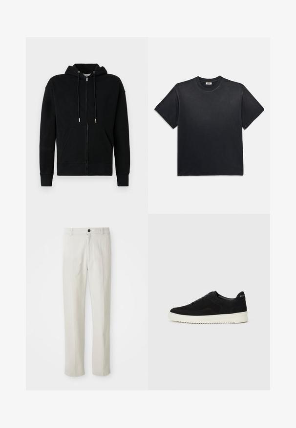 Felpa nera con zip realizzata in un tessuto morbido. Presenta un grande cappuccio, tasche frontali e lacci con punte metalliche. Design semplice.; T-shirt in cotone nero con scollatura rotonda e maniche corte. Presenta una vestibilità comoda, una texture liscia e un design minimalista.; Pantaloni beigi a gamba dritta con passanti per cintura, bottone frontale e chiusura con zip, esposti in piano su uno sfondo bianco.; Sneaker in suede nero con design con lacci e suola in gomma bianca a contrasto. Presenta pannelli laterali testurizzati e un marchio discreto sul tallone.
