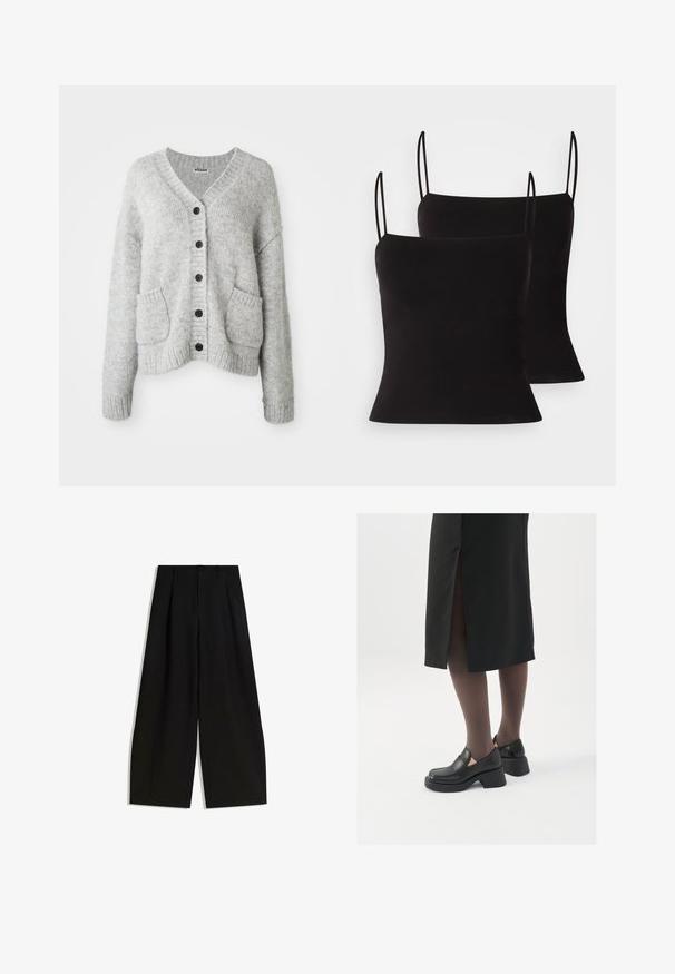 Hellgrauer Cardigan aus weichem Material mit V-Ausschnitt, Knopfleiste, zwei vorderen Taschen sowie gerippten Bündchen und Saum.; Schwarze Spaghetti-Träger-Camisoles aus glattem, elastischem Material mit taillierter Passform. Im praktischen Zwei-Pack.; Schwarze weite Hosen aus glattem Stoff, mit hoher Taille, Falten an der Vorderseite und ohne sichtbare Verzierungen oder Muster.; Schwarze Lederschuhe mit abgerundetem Zeh, dicker Blockabsatz und elastischen seitlichen Akzenten, kombiniert mit dunklen Strumpfhosen und einem schwarzen Rock mit Schlitz.