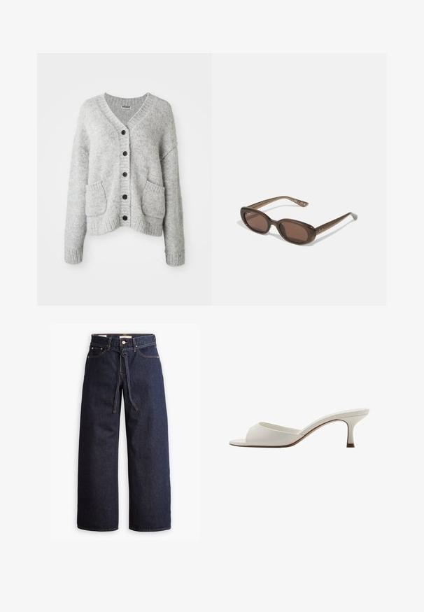 Light grey cardigan made of soft material with a v-neck, button front, two front pockets, and ribbed cuffs and hem.; White long-sleeve top made of soft, smooth fabric. Features a crew neckline and slim fit with minimal stitching details.; Wide-leg dark blue denim jeans with a high waist, featuring a drawstring tie, five pockets, and contrasting stitching details.; White open-toed high-heeled mules with a smooth finish, minimalist design, and a slender heel, featuring a subtle brown accent on the sole.; Brown oval sunglasses with dark lenses. Frame has a transparent brown material and features a logo printed on the temples.