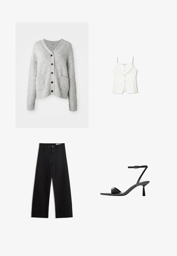 Cardigan grigio chiaro realizzato in materiale morbido, con scollo a V, chiusura con bottoni, due tasche frontali e polsini e orlo a coste.; Top bianco senza maniche con bottini frontali, tasche laterali e un design aderente con orlo leggermente svasato. Texture liscia, minimalista nei dettagli.; Pantaloni in denim neri a gamba larga con vita alta, dotati di tasche anteriori e posteriori, cuciture a punto, e chiusura con bottone. Texture liscia.; Bershka Sandali con tacco - black