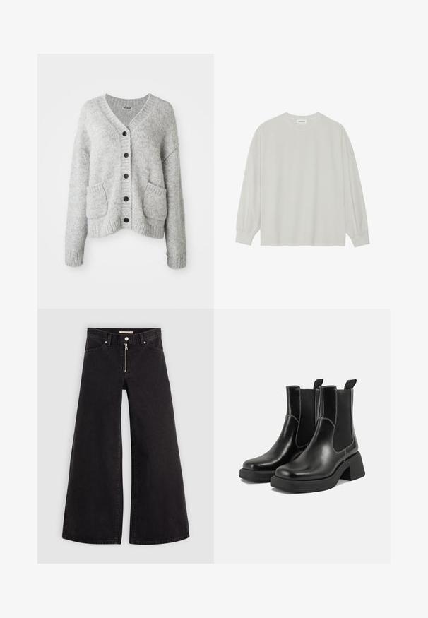 Lys grå cardigan laget av mjukt materiale med v-hals, knappestolpe, to frontlommer og ribbestrikkede mansjetter og kant.; Lys grå langermet t-skjorte laget av myk bomull. Har en løs passform, rund hals og forsiktig samlet mansjetter. Ingen mønstre eller grafikk.; Vide benbukser i sort denim med glidelås i front, fem-lomme design og subtile sømdetaljer. Glatt tekstur og avslappet stil.; Sorte lær Chelsea støvler med en kraftig hæl, elastiske sidepaneler og kontrasterende hvid syning. Teksturert overflate.