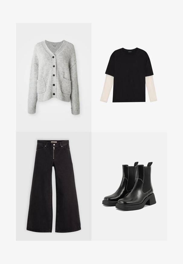 Lys grå cardigan laget av mjukt materiale med v-hals, knappestolpe, to frontlommer og ribbestrikkede mansjetter og kant.; Svart T-skjorte laget av bomull, med korte ermer over et hvitt langermet lag med en subtil teksturert mønster. Rund hals design.; Vide benbukser i sort denim med glidelås i front, fem-lomme design og subtile sømdetaljer. Glatt tekstur og avslappet stil.; Sorte lær Chelsea støvler med en kraftig hæl, elastiske sidepaneler og kontrasterende hvid syning. Teksturert overflate.