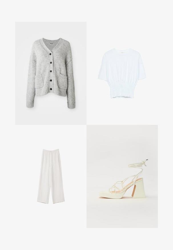 Lichtgrijze cardigan van zacht materiaal met een v-hals, knopen aan de voorkant, twee voorzakken en geribde manchetten en onderzoom.; Witte T-shirt met korte mouwen in een relaxte pasvorm en gerimpelde textuur bij de taille. Gemaakt van zachte, lichtgewicht stof.; Witte wijde broek gemaakt van een lichte stof. Voorzien van een elastische tailleband met een trekkoord en zijzakken. Zachte textuur.; Witte hoge hakken sandaal met een chunky hak, met een bandjesontwerp en enkelband. Gladde textuur met een plateau voor extra hoogte.