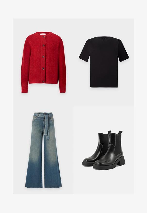 Red knitted cardigan with a round neckline, full sleeves, and six black buttons down the front. Soft texture with a slightly loose fit.; Black short-sleeve t-shirt with a round neckline, crafted from soft cotton fabric. Simple design, no visible logos or patterns.; Wide-leg denim trousers featuring a light to dark blue gradient, high waist, belt loops, and a matching fabric belt. Textured denim finish.; Black leather Chelsea boots with a chunky heel, elastic side panels, and contrasting white stitching. Textured finish.