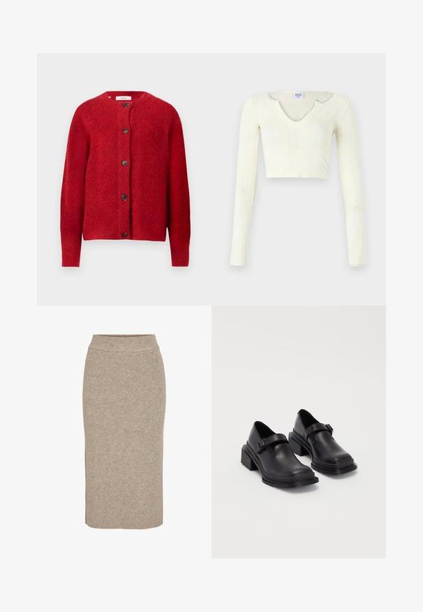 Rød strikket cardigan med rund hals, lange ermer og seks svarte knapper foran. Myk tekstur med en litt løs passform.; Crop top i off-white strikkemateriale. Lange ermer med ribbet tekstur og små utskjæringer rundt halslinjen.; Strikket blyantkjole i lys beige, med ribbet tekstur, høy midje og smal passform. Bunnfaldet faller under kneet.; Sorte lærersko med rund tå, flat såle og en rem med spenne-detalj. Kraftig blokkhæl for bedre stabilitet.