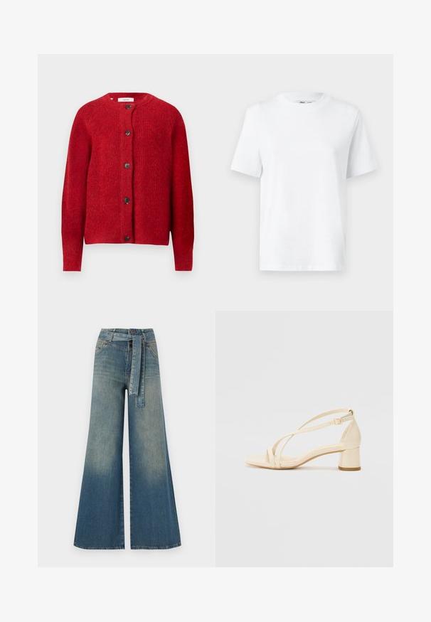 Punane kudum kardigan ümarate kraede, täis varrukate ja kuue musta nööbiga ees. Pehme tekstuur ja veidi vabalt langev sobivus.; Valge puuvillane ümarakaelusega T-särk, millel on lühikesed varrukad ja sile tekstuur. Kujundatud mugava ja mitmekesise istuvuse jaoks.; Laiad denimpüksid, millel on hele tume sinine gradiendiefekt, kõrge vöökoht, vöökumlid ja sobivast kangast vöö. Struktureeritud denimi viimistlus.; Bežid kontsagaid sandaalid plokknõlva, rihmadega disain ja reguleeritav pahklu strap, valmistatud siledast sünteetilisest materjalist matta viimistlusega.