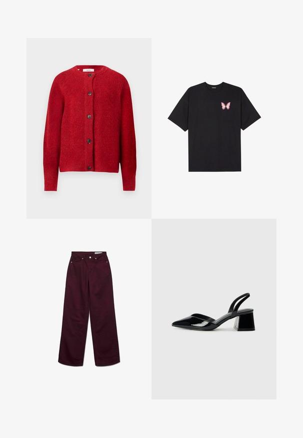 Raudonas megztinis cardigan su apvalia iškirpte, pilnomis rankovėmis ir šešiais juodais mygtukais priekyje. Minkšta tekstūra su šiek tiek laisvu siluetu.; Juodas medvilnės marškinėliai trumpomis rankovėmis, su maža rožine drugelio grafika kairėje krūtinės pusėje. Apvalus kaklo iškirpimas, laisvas kirpimas.; Vinilinės burgundiškos plačios džinsinės kelnės, pagamintos iš medvilnės, su aukštu liemeniu, penkiais kišenėmis ir metalinėmis detalėmis. Lygus paviršius ir vienoda spalva.; Juodos lakuotos odinės šlepetės su smailiu pirštu ir geometriniu bloko kulnu. Turi elegantišką, minimalistinį dizainą ir lygų paviršių.