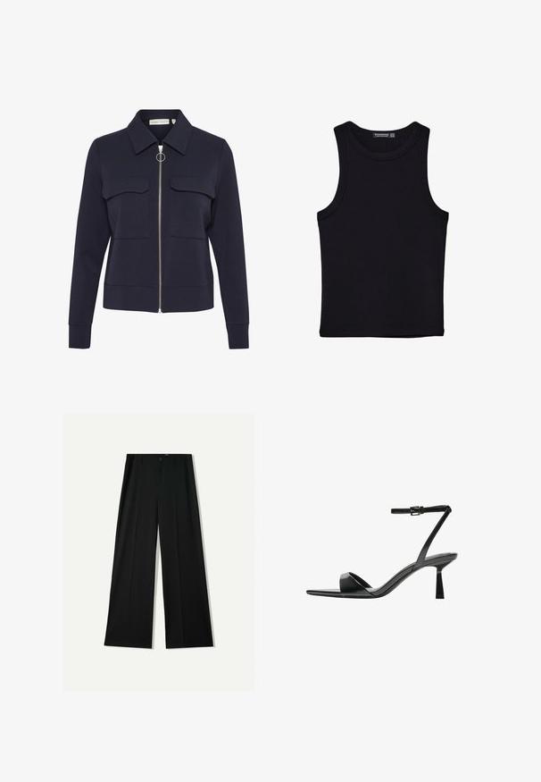 Navy zadrgovni jopič iz mehkega blaga z ovratnikom, dvema sprednjima žepoma in okroglim zadrževalnikom. Gladka tekstura in prilegajoč dizajn.; Črna majica brez rokavov iz bombaža, z okroglim izrezom in širokimi odprtinami za roke. Gladka tekstura s šivi na robovih. Klasičen, minimalističen dizajn.; Bershka WIDE - Hlače - black; Bershka Sandali z visoko peto - black