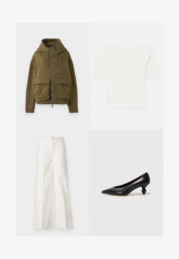 Olive green zip-up hoodie with drawstrings, two large front flap pockets, ribbed cuffs, and a small logo on the left chest.; White ribbed short-sleeve top with a wide neckline. The texture features vertical stripes, emphasizing a snug fit and simple design.; White wide-leg trousers made from cotton with a smooth texture. Features a front button, zipper fly, and four-pocket design.; Black leather high heel shoe with a pointed toe and a round, balled heel. Smooth texture with a sleek, minimal design.