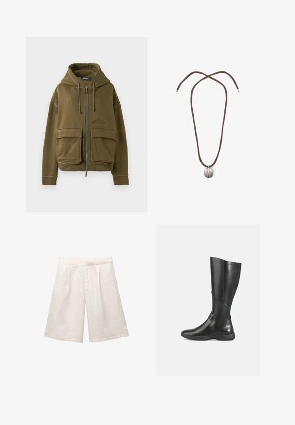 Olivově zelená mikina na zip s kapucí, s tkaničkami, dvěma velkými předními klopovými kapsami, žebrovanými manžetami a malým logem na levém prsu.; Bílé pře oversized tričko vyrobené z měkké bavlny. Má krátké rukávy, kulatý výstřih a volný střih bez viditelných vzorů nebo akcentů.; Beige lněné šortky s širokými nohavicemi, s předními záhyby a hladkým pasem. Materiál má mírně texturovaný povrch.; Černé kožené vysoké boty až ke kolenům s hladkým povrchem, zaoblenou špičkou a měkkou podrážkou. Vyznačují se moderní siluetou a minimálním prošitím.; Náhrdelník s hnědou šňůrou a stříbrným oválným přívěskem. Přívěsek má hladký povrch a mírné prohloubení ve středu.