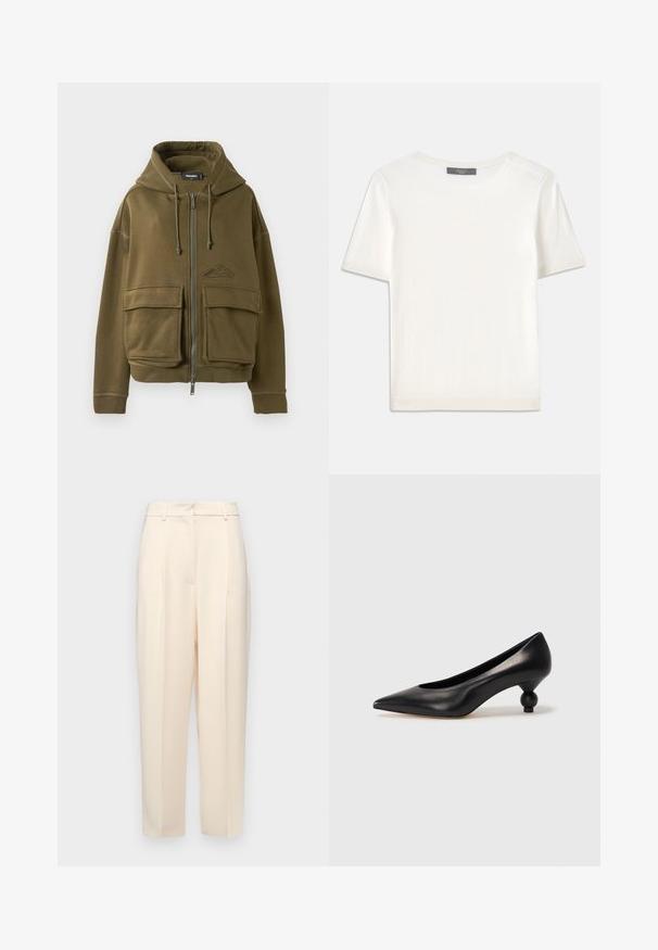 Olijfgroen zip-up hoodie met trekkoorden, twee grote voorflapzakken, ribgebreide cuffs en een klein logo op de linkerkant van de borst.; Witte gebreide top met korte mouwen en een ronde halslijn, met een gladde textuur en subtiele ribgebreide accenten bij de mouwen en de zoom.; Beige op maat gemaakte broek met een rechte pasvorm, voorzien van plooien aan de voorkant, een gladde textuur en een middelhoge taille. Geen zichtbare zakken.; Zwarte leren hoge hak schoen met een spitse neus en een ronde, bolle hak. Gladde textuur met een elegant, minimalistisch ontwerp.
