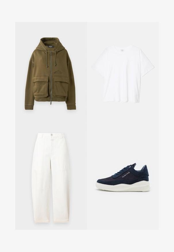 Tamsiai žalia užtrauktuku užsegama džinsinė striukė su raišteliais, dviem didelėm priekinėm kišenėm su atvartais, guma apykaklėms ir maža logo kairėje krūtinės pusėje.; Balta medvilnės marškinėliai trumpomis rankovėmis, apvalia iškirpte, laisvo kirpimo ir su siūtu kraštu. Etiketė matoma vidinėje iškirptės pusėje.; CLOSED RHANNON - Platėjantys džinsai - ivory; Tamsiai mėlyni zomšiniai sportbačiai su baltais guminiais padais, apvaliu priekiu ir raištelių uždarymo dizainu. Suteikia logotipo detalę šone ir tekstūrines akcentus.