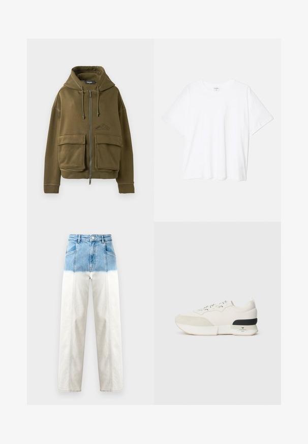 Olive green zip-up hoodie with drawstrings, two large front flap pockets, ribbed cuffs, and a small logo on the left chest.; White cotton t-shirt with short sleeves, round neckline, relaxed fit, and stitched hem. Label visible on the inside neck.; Denim jeans feature a blue top half with a fade to white. High-waisted design, straight leg silhouette, and visible stitching details.; White sneaker featuring a textured suede toe cap, smooth mesh upper, decorative laces, and a black rubber heel accent.