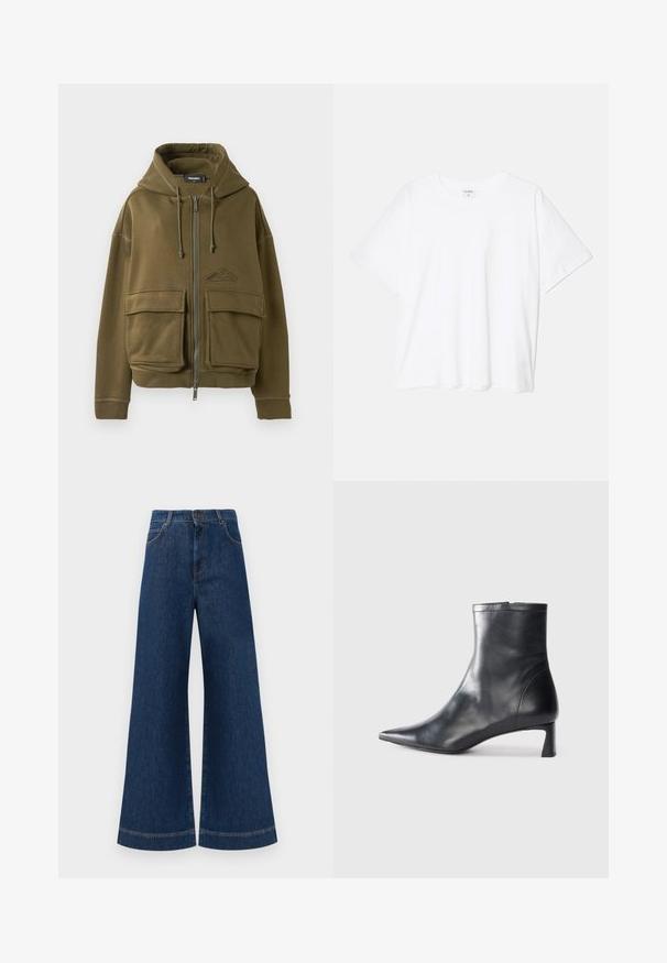 Olive green zip-up hoodie with drawstrings, two large front flap pockets, ribbed cuffs, and a small logo on the left chest.; White cotton t-shirt with short sleeves, round neckline, relaxed fit, and stitched hem. Label visible on the inside neck.; Wide-leg blue denim jeans with a high waist, featuring a button closure, belt loops, and subtle stitching details along the pockets and hems.; Black leather ankle boot with a pointed toe and a sleek design. Features a low heel and a zipper closure at the back. Smooth texture.