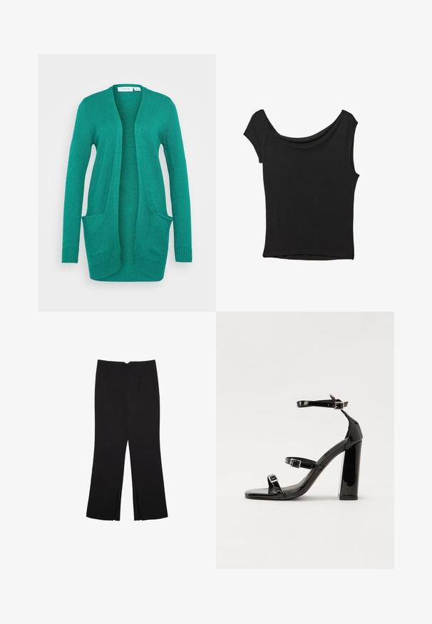 VILA VIRIL OPEN - Vesta na kopčanje - ultramarine green dark melange; Crna majica kratkih rukava od glatkog materijala; ima drapirani izrez i asimetrični donji rub, uz prilagođeni kroj tijela.; Crne hlače ravnog kroja, s prednjim džepovima i bočnim prorezima na rubu. Izrađene od mekog i glatkog materijala. Pogodne za razne prigode.; Crne lakirane sandale na visoku petu s dva remena s kopčama, kvadratnim vrhom i masivnom blok petom, s glatkom, sjajnom teksturom.