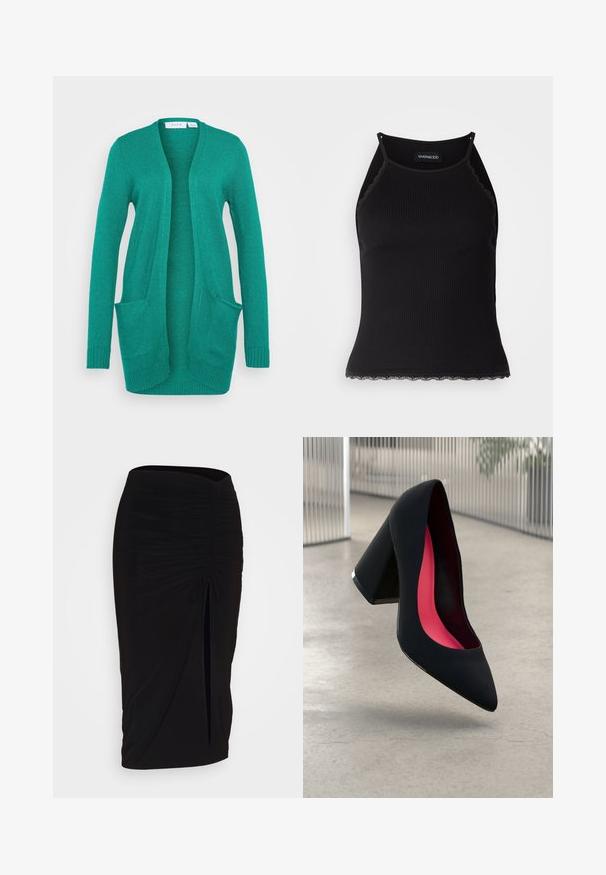 VILA VIRIL OPEN CARDIGAN - Kardigán - ultramarine green dark melange; Fekete bordázott ujjatlan felső, csipkés, fodros szegéllyel az alján. Vékony pántokkal és testhez simuló kialakítással rendelkezik. Stretch anyagból készült.; Fekete, ráncolt ceruzaszoknya kötött részlettel és oldalsó hasítékkal. Rugalmas anyagból készült, sima textúrával és testhez álló kialakítással.; Fekete magassarkú cipő hegyes orral, textúrált felülettel és élénk rózsaszín béléssel. Vastag sarokkal rendelkezik, ezüst kiegészítővel.